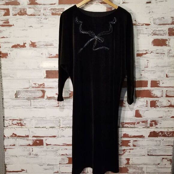 80s Blk Velour Dress w/ Bow Accent M - Picture 1 of 9